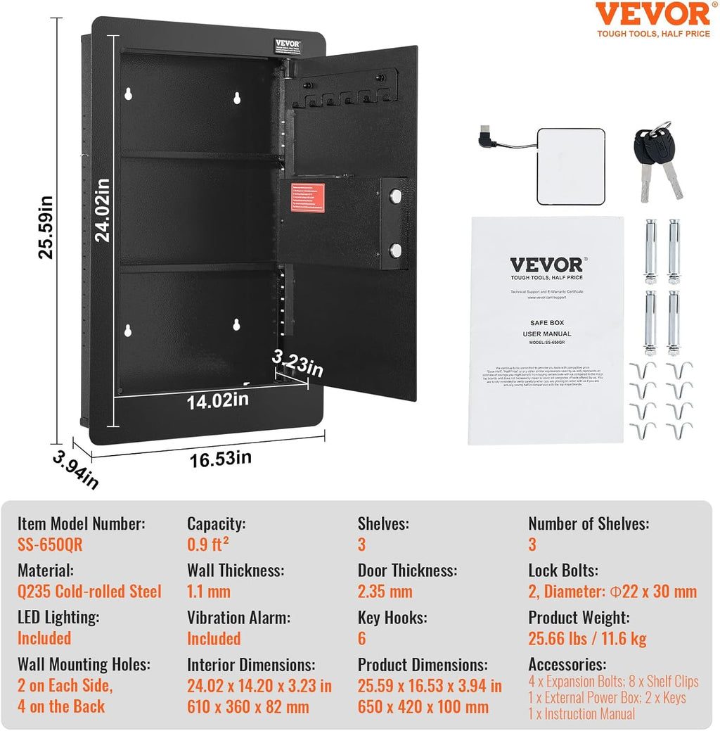 Concealed Wall Safe with Keypad — 25.59" Between-the-Studs Security Cabinet