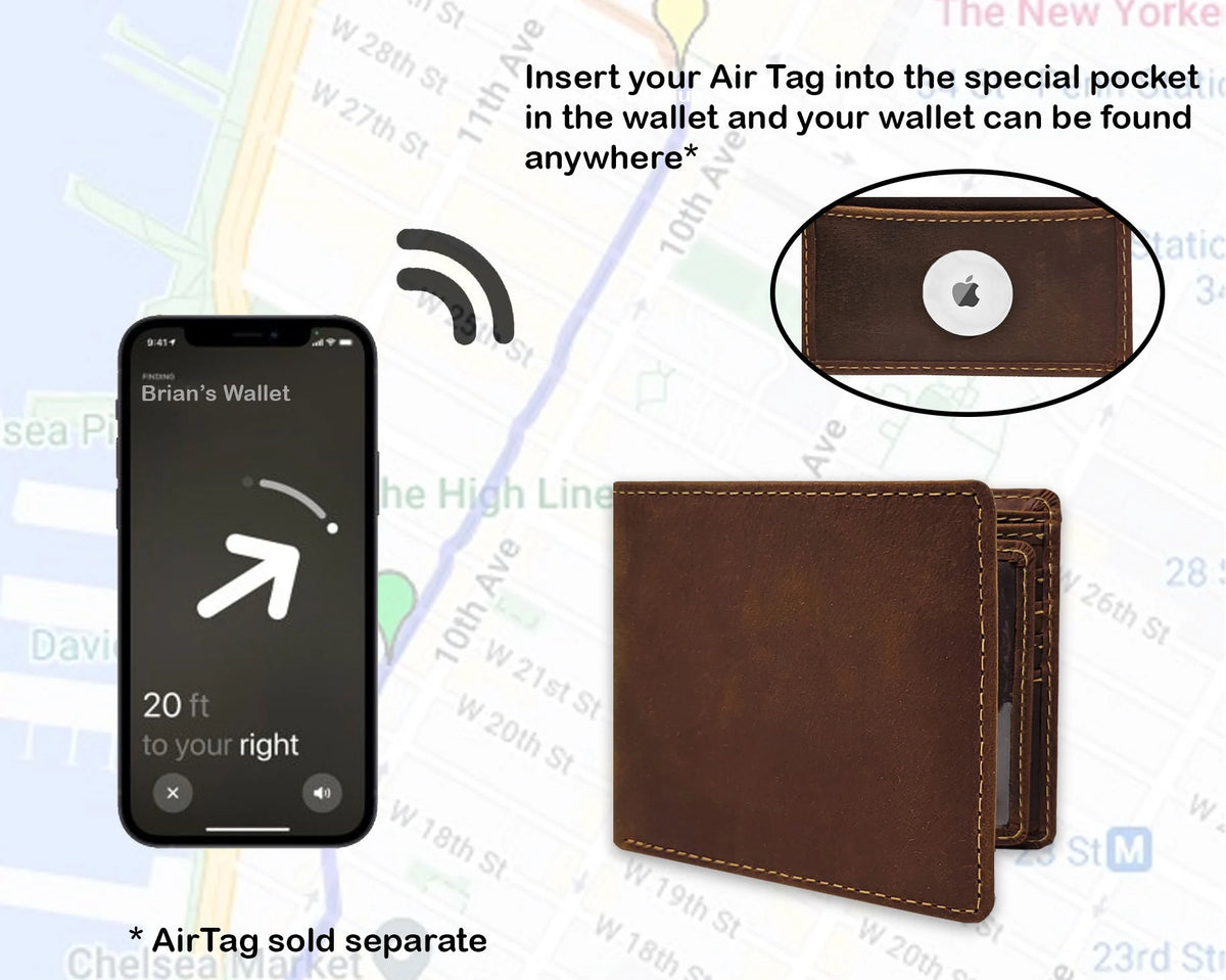 Leather AirTag Wallet — RFID Blocking Bifold with Hidden Tracker Pocket
