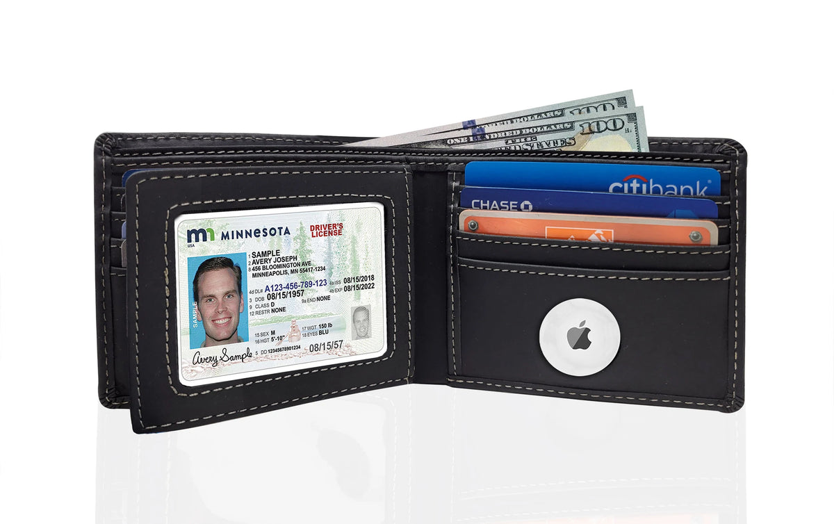Leather AirTag Wallet — RFID Blocking Bifold with Hidden Tracker Pocket