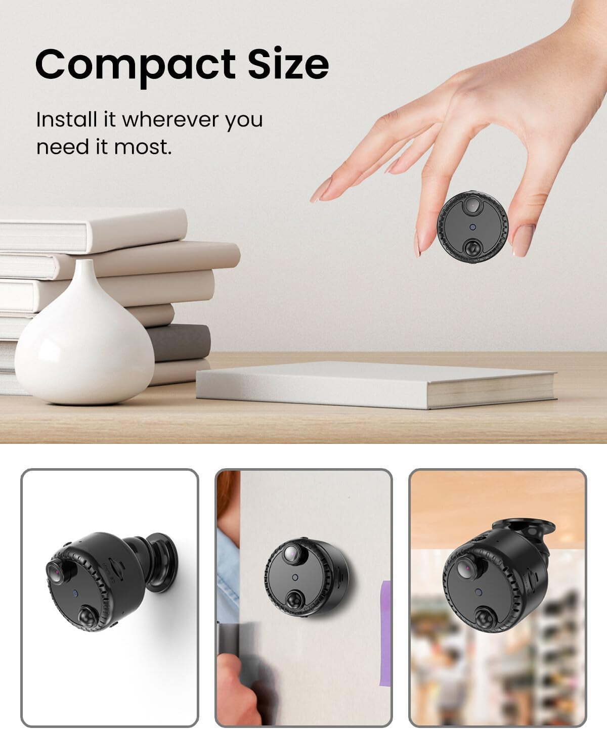 4K Mini Wifi Indoor Camera Wireless Nanny Cam with Night Vision, AI Motion Detection, Long Battery Life, Cloud & SD Storage