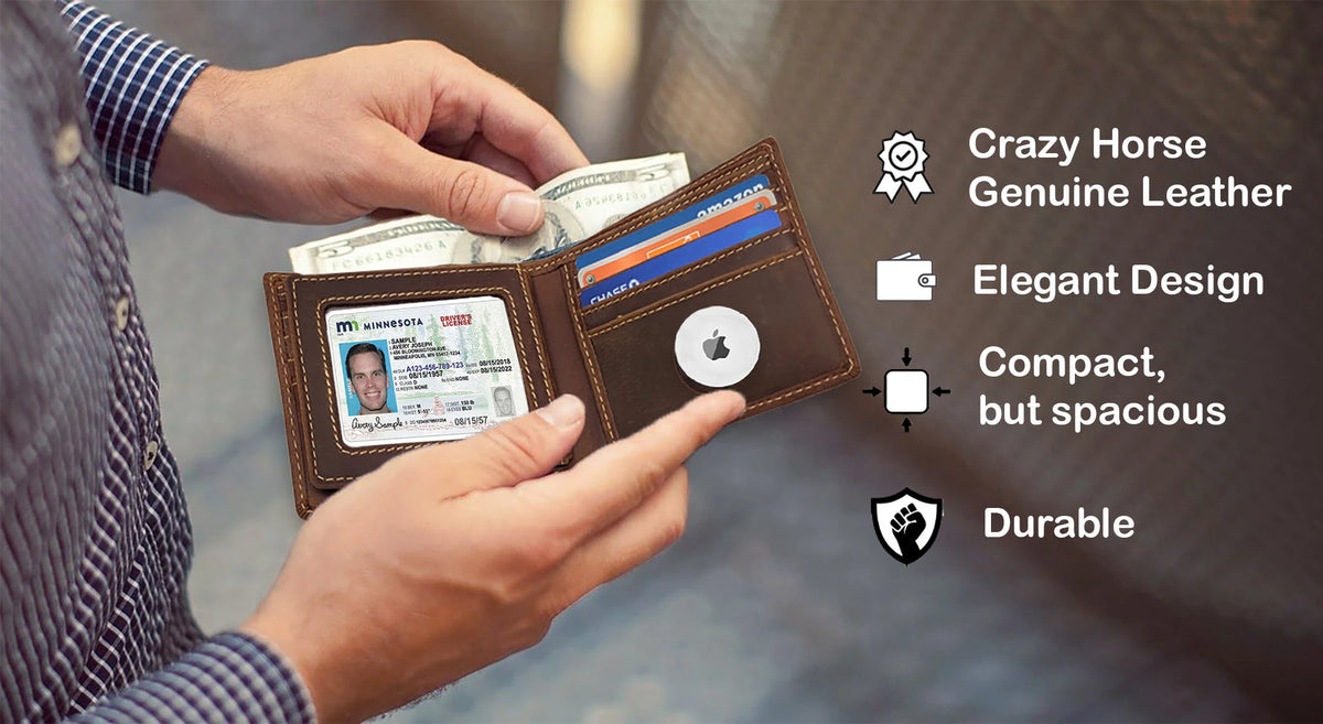 Leather AirTag Wallet — RFID Blocking Bifold with Hidden Tracker Pocket