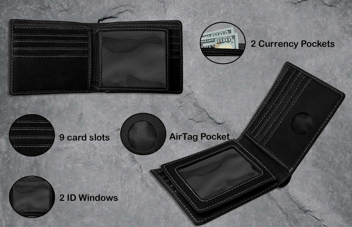 Leather AirTag Wallet — RFID Blocking Bifold with Hidden Tracker Pocket