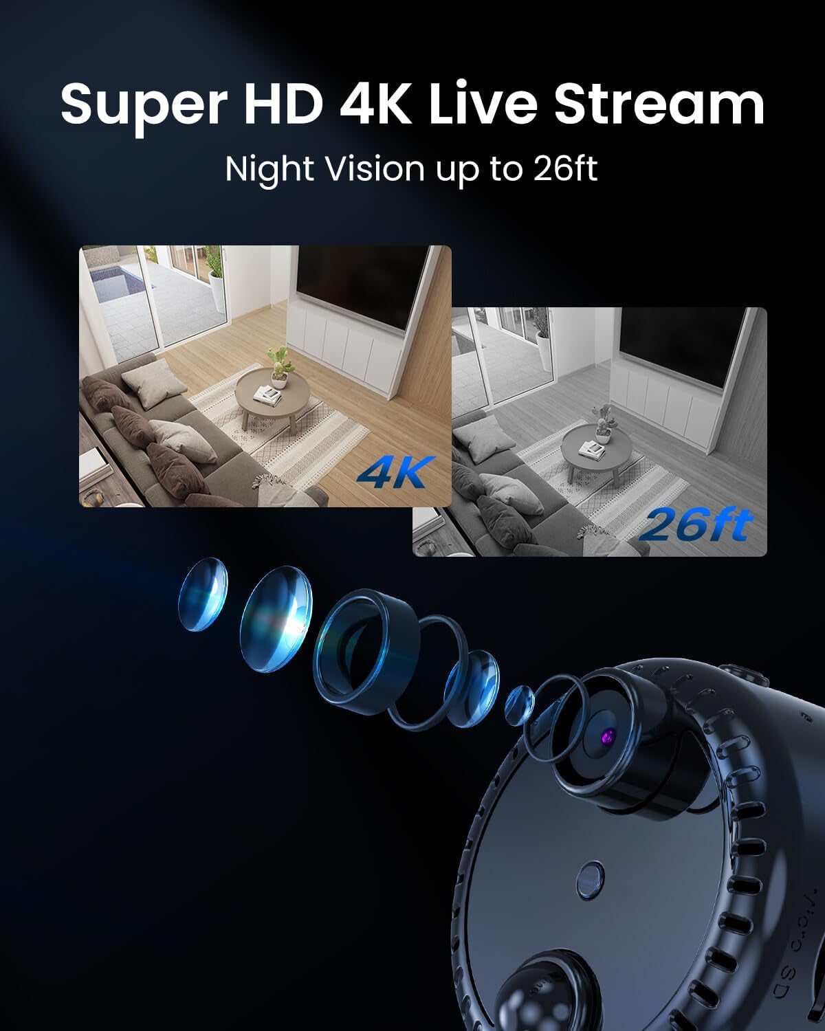 4K Mini Wifi Indoor Camera Wireless Nanny Cam with Night Vision, AI Motion Detection, Long Battery Life, Cloud & SD Storage