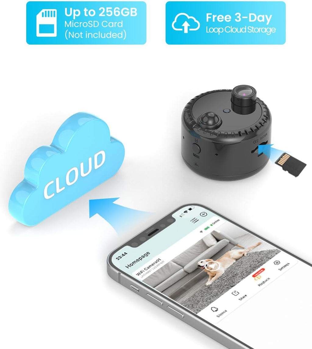4K Mini Wifi Indoor Camera Wireless Nanny Cam with Night Vision, AI Motion Detection, Long Battery Life, Cloud & SD Storage