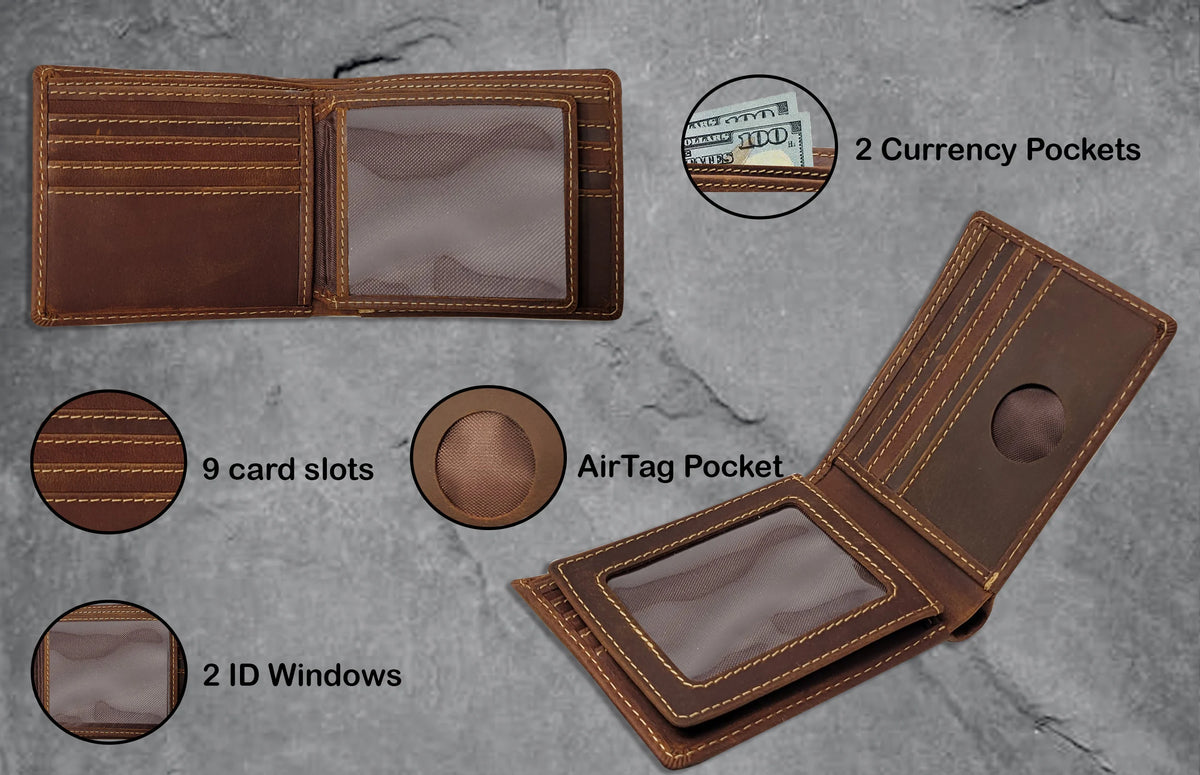 Leather AirTag Wallet — RFID Blocking Bifold with Hidden Tracker Pocket
