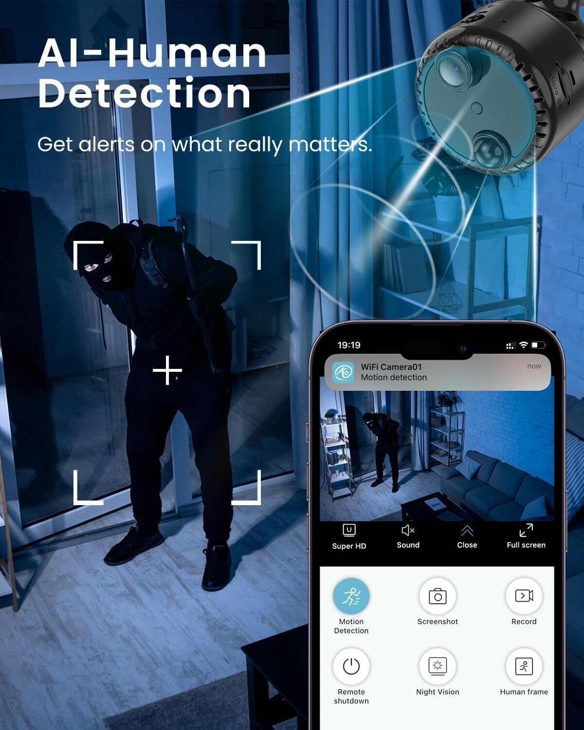 4K Mini Wifi Indoor Camera Wireless Nanny Cam with Night Vision, AI Motion Detection, Long Battery Life, Cloud & SD Storage
