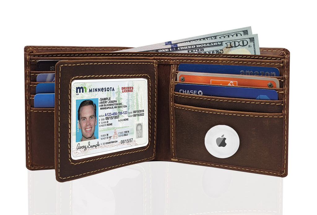 Leather AirTag Wallet — RFID Blocking Bifold with Hidden Tracker Pocket